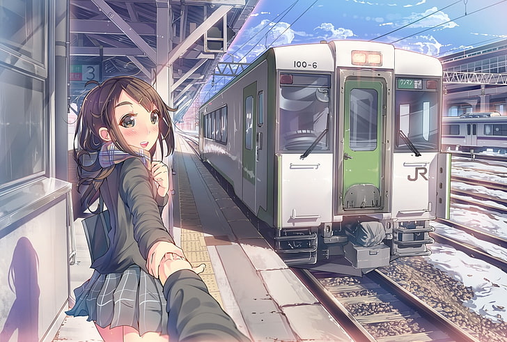 artwork, anime girls, train, train station, scarf, original characters, HD wallpaper