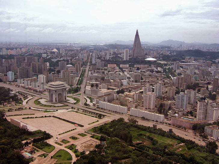 Pyongyang - North Korea, aerial view of city buildings, cities