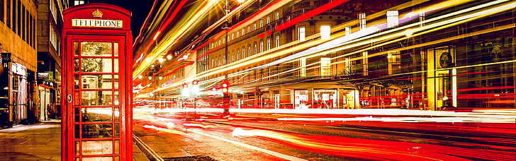 red telephone booth, London, phone box, street, city, lights