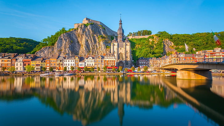 dinant, belgium, europe, church, cityscape, reflected, reflection, HD wallpaper