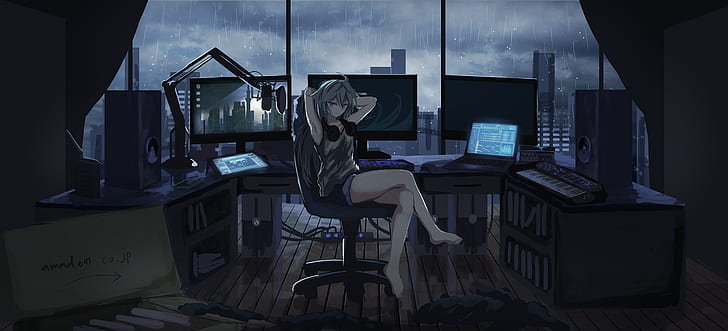 Anime, Original, Computer, Girl, Headphones, Rain