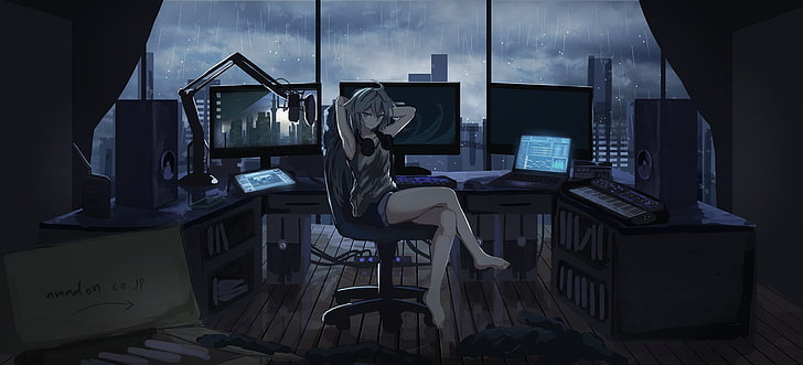 brown hair woman anime character, digital art, PC gaming, multiple display
