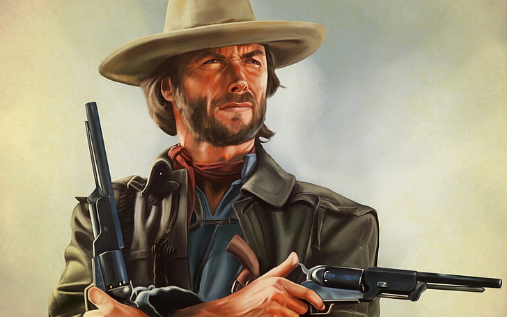 Clint Eastwood Artwork, man in black jacket with rifles painting