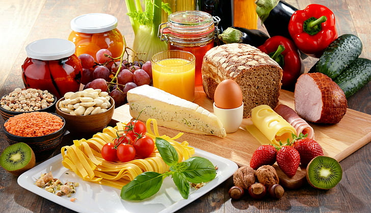 food, still life, cheese, fruit, noodles, bread, strawberries, HD wallpaper
