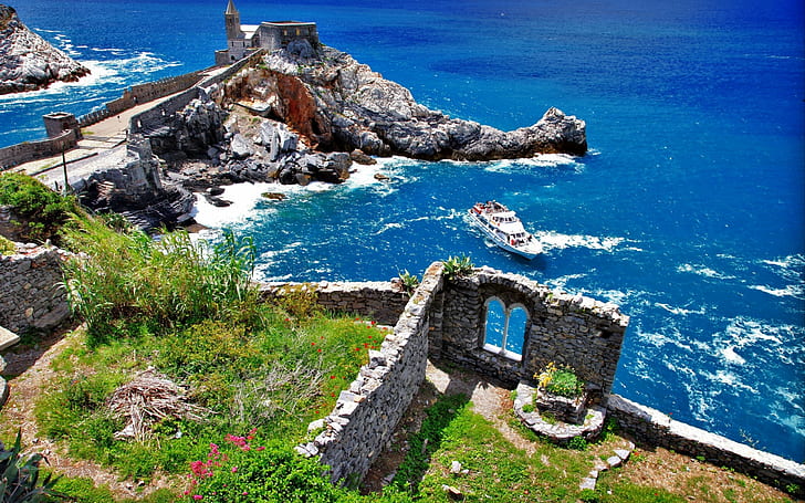 rocks, aerial view, ruins, church, coast, sea, landscape, Porto Venere, HD wallpaper