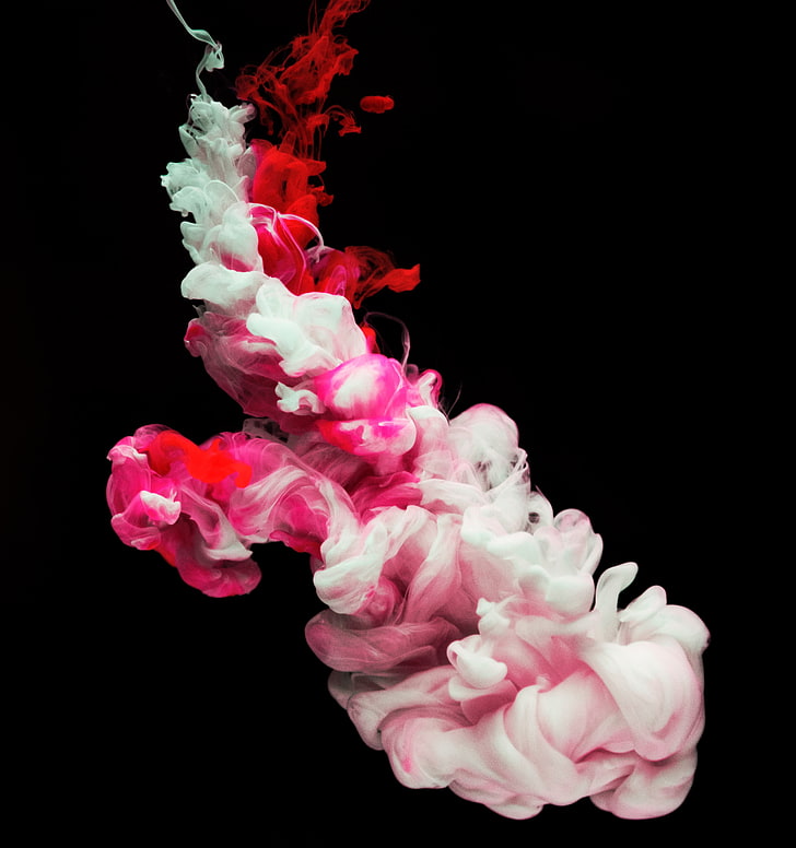 red and white smoke, watercolor, liquid, clots, black background