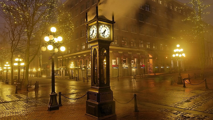 gray grandfathers clock, hours, night, lights, street, city, sepia, HD wallpaper