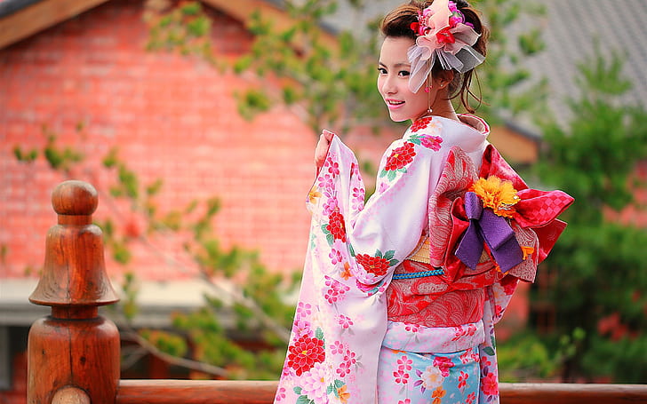Colorful clothes, kimono, Japanese girl smile, HD wallpaper