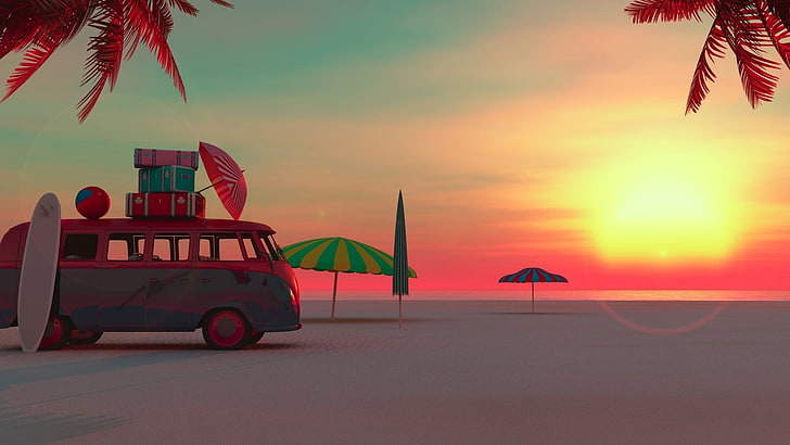 3d, graphics, summertime, palms, beach, palm tree, sandy beach, HD wallpaper