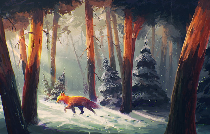 red fox on forest digital painting, fox walking in forest illustration