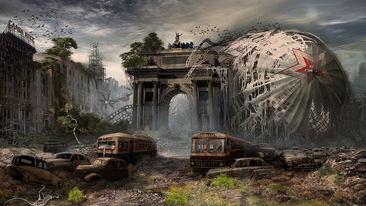 apocalyptic, artwork, cityscape, ruin, wreck, cloud - sky, mode of transportation