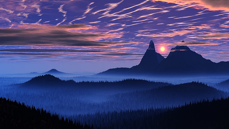 silhouette of foggy mountain, landscape, nature, blue, mist, sunset, HD wallpaper