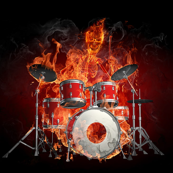 red and white drum kit, fire, skeleton, drums, Flames, music