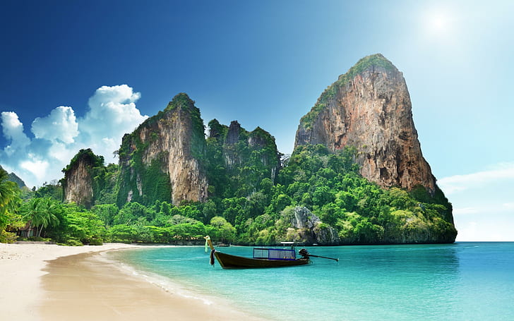 thailand, sea, ocean, boat, rock, HD wallpaper