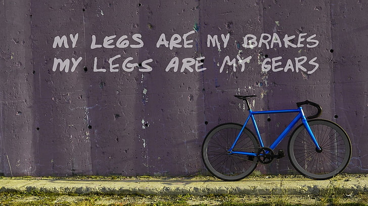blue fixed-gear bike, bicycle, fixed gear, wall, text, western script, HD wallpaper