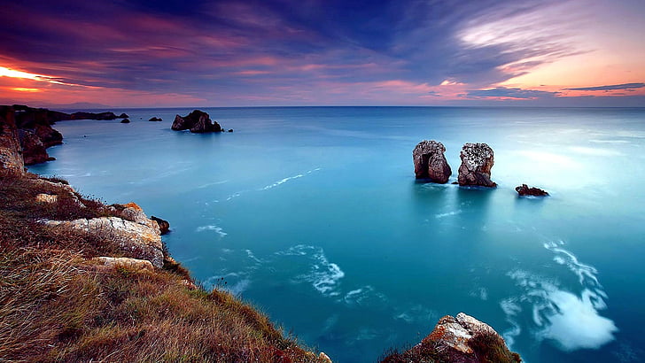 sea, sunset, evening, coast, horizon, rock, shore, HD wallpaper
