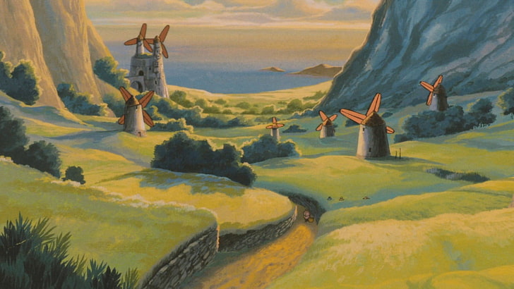 windmills on grass field near mountain painting, landscape, Nausicaa