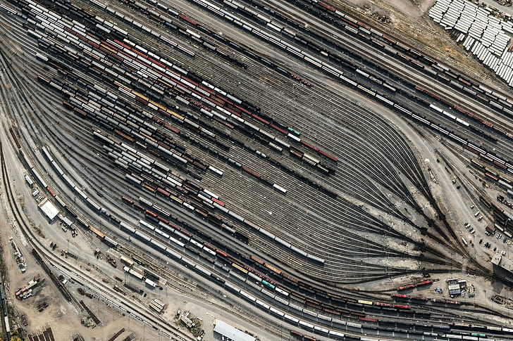 train, rail yard, transportation, no people, high angle view