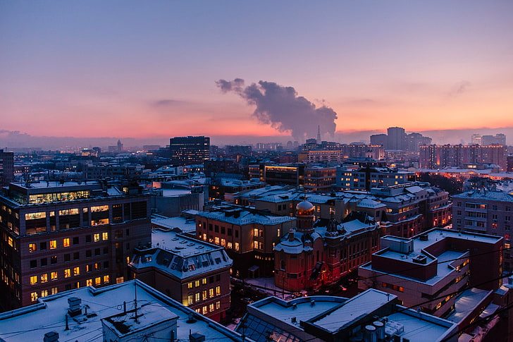 architecture, building, city, cityscape, snow, winter, evening, HD wallpaper