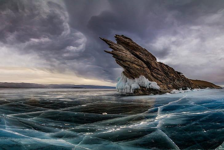 nature, landscape, clouds, sky, lake, frost, ice, rock, Lake Baikal, HD wallpaper