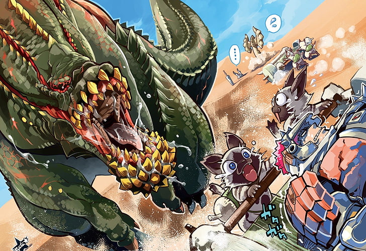 green dinosaur illustration, Monster Hunter, Felyne, Deviljho, HD wallpaper