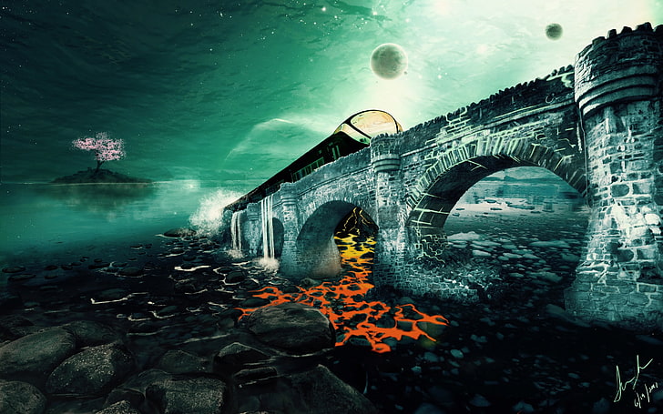 game concept art wallpaper, Ayn Rand, surreal, lava, train, water