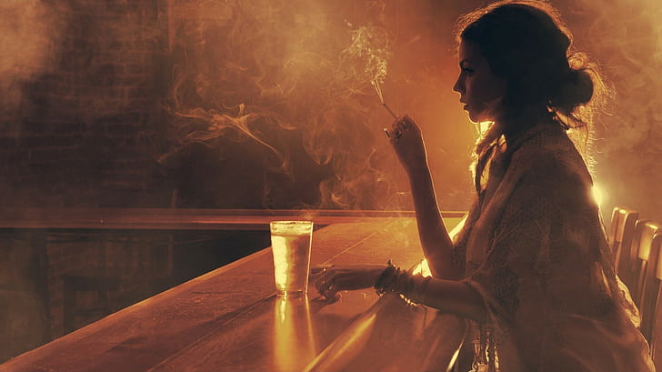 drink, bars, smoking, women, cigarettes, smoke, sepia, HD wallpaper