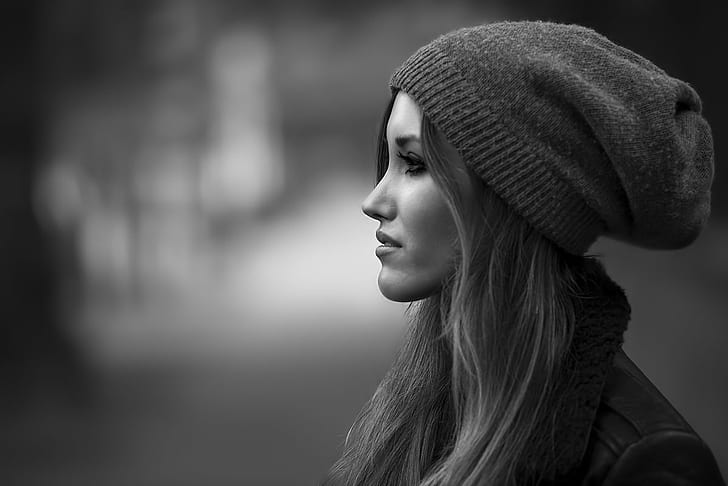 grayscale photography of side view of woman wearing knitted cap, HD wallpaper