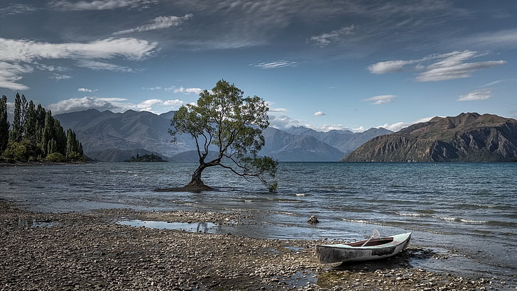 white kayak, water, nature, boat, mountains, Lake Wanaka, New Zealand