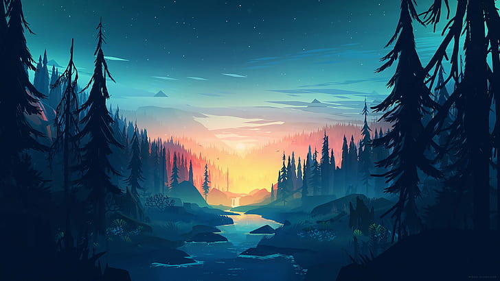 landscape, sunset, river, forest