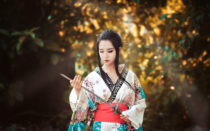 Asian girl, Japanese, sword, HD wallpaper