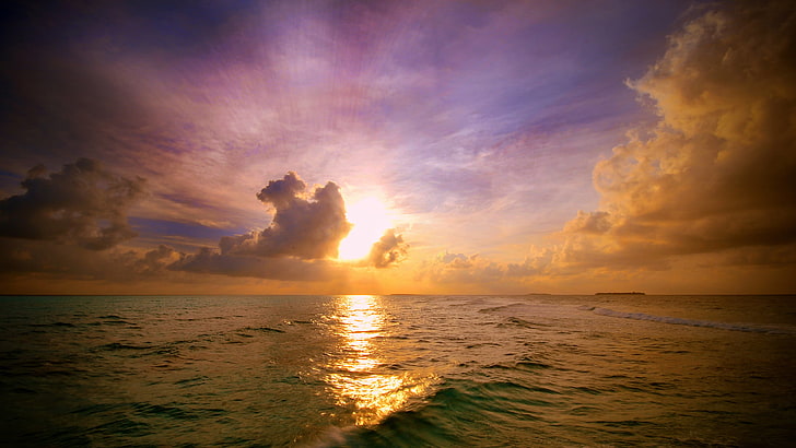 sea, sky, nature, clouds, sunlight, horizon, water, sunset, HD wallpaper
