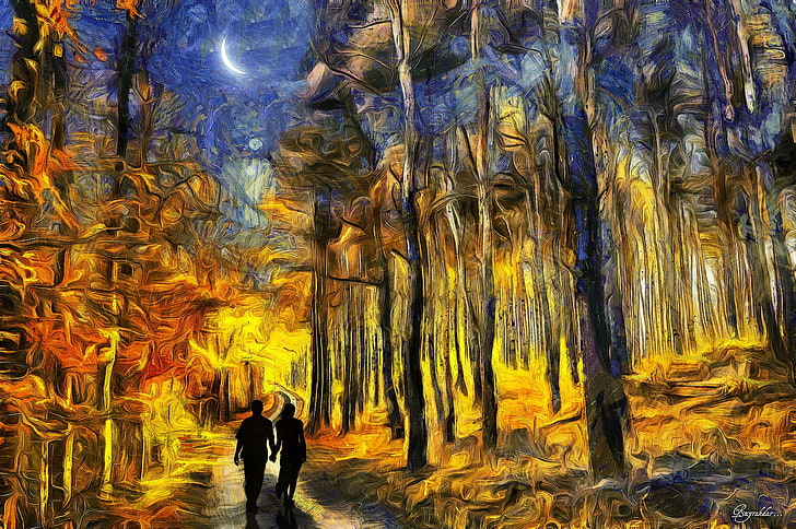 couple standing between tall trees during nighttime painting