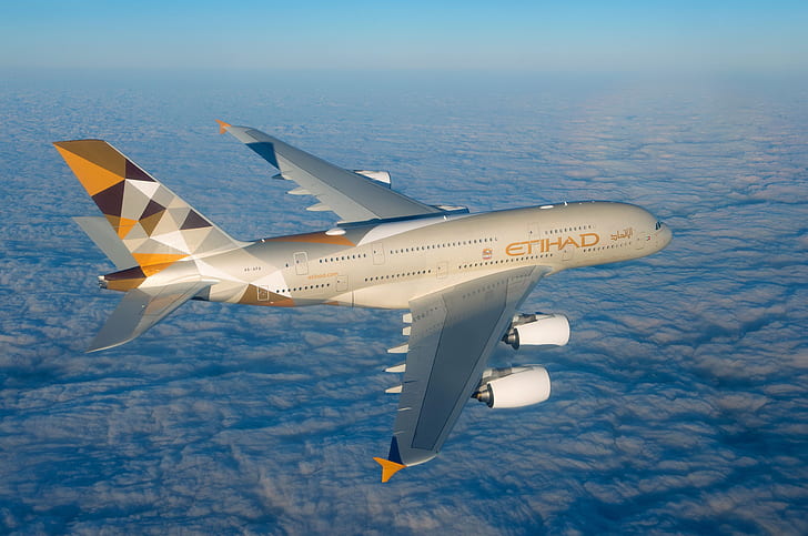 Clouds, A380, Airbus, Etihad Airways, Wing, Airbus A380, A passenger plane