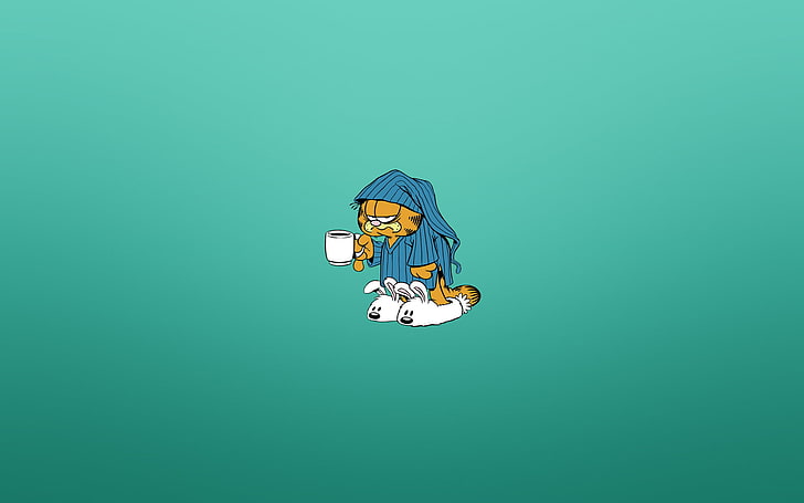 Garfield illustration, cat, minimalism, morning, mug, pajamas, HD wallpaper
