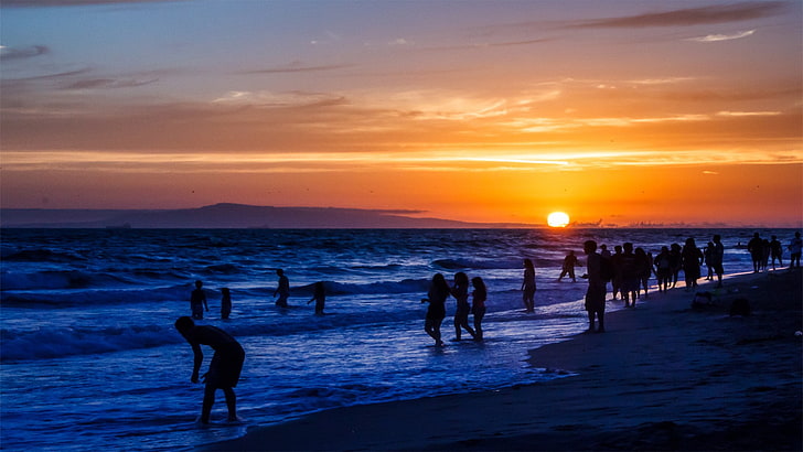 coast, sea, water, sunset, beach, sky, land, real people, silhouette, HD wallpaper
