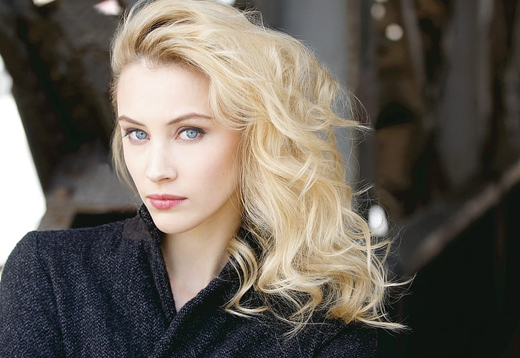 women, blonde, blue eyes, curly hair, face, looking at viewer