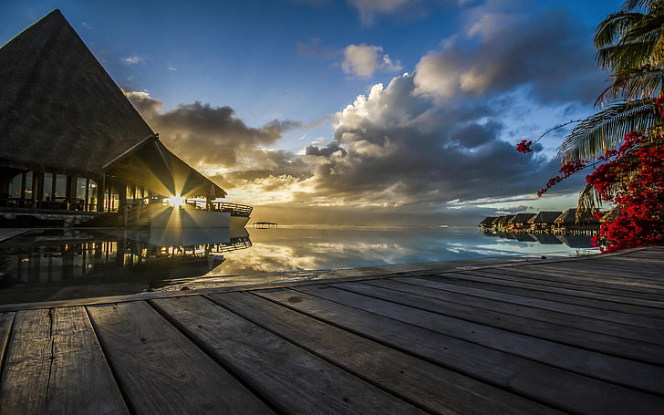 cabin with pathway, sunset, Tahiti, French Polynesia, resort