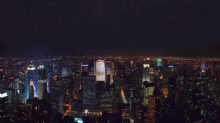 gray city buildings, New York City, cityscape, USA, night, building exterior