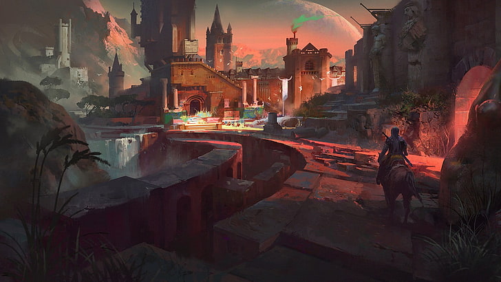 video game screenshot, digital art, painting, ruin, castle, warrior