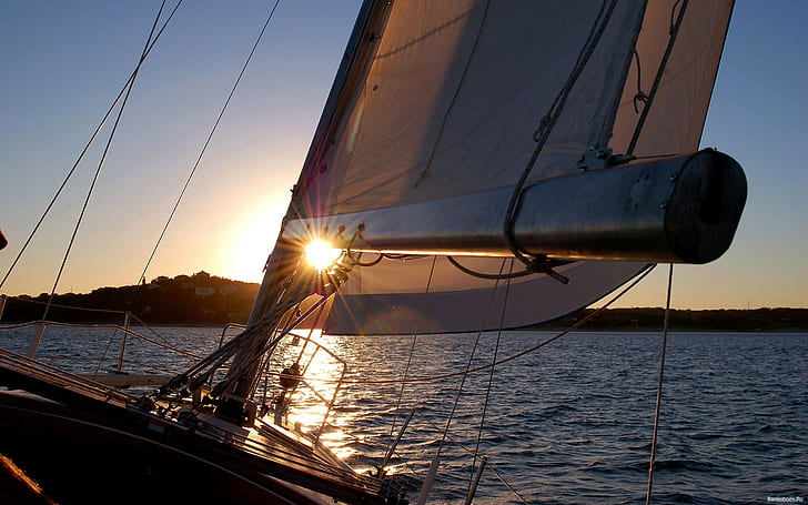 sailing ship, sea, sunset, boat, sunlight, vehicle, HD wallpaper