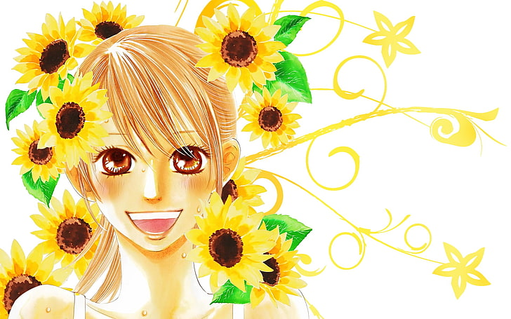 Chihayafuru, Ayase Chihaya, flowers, sunflowers, anime, anime girls, HD wallpaper