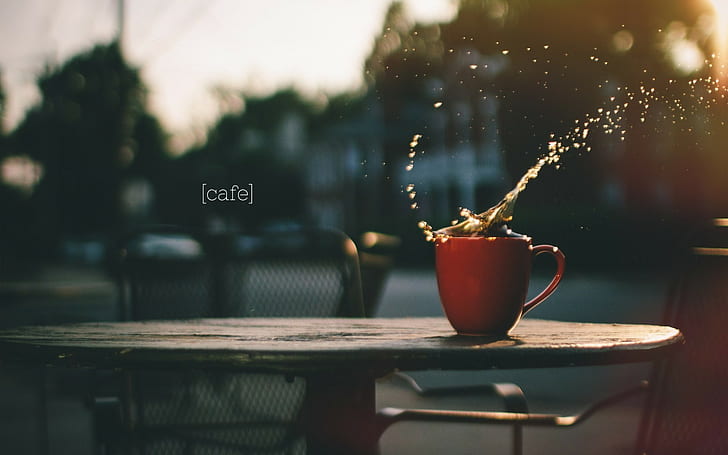 lens flare, mugs, water drops, table, chair, house, bokeh, coffee