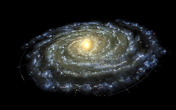 Milky Way map, white black and blue galaxy, space, 1920x1200