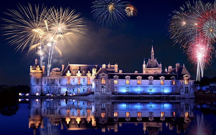 photography, fireworks, night, city, Chantilly castle, illuminated, HD wallpaper
