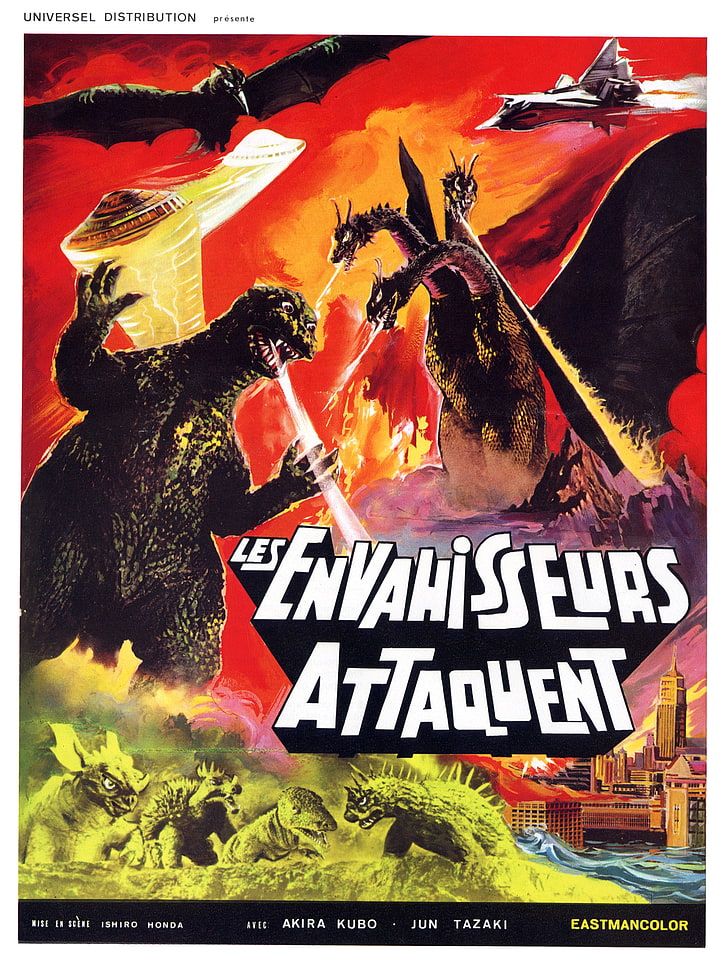 Les Envahissfurs Attaquent digital wallpaper screenshot, Godzilla, HD wallpaper