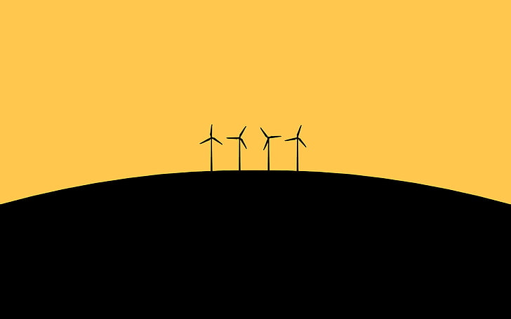 wind turbine, artwork, black, simple background, yellow, minimalism, HD wallpaper