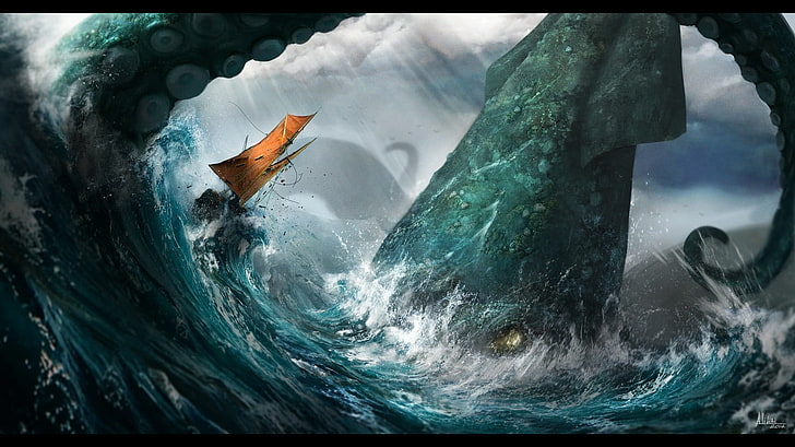 green Kraken painting, sea, squids, sailing ship, waves, one animal