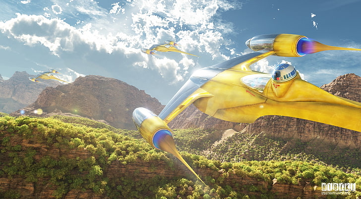 Naboo Starfighter, yellow space ship painting, Movies, Star Wars, HD wallpaper
