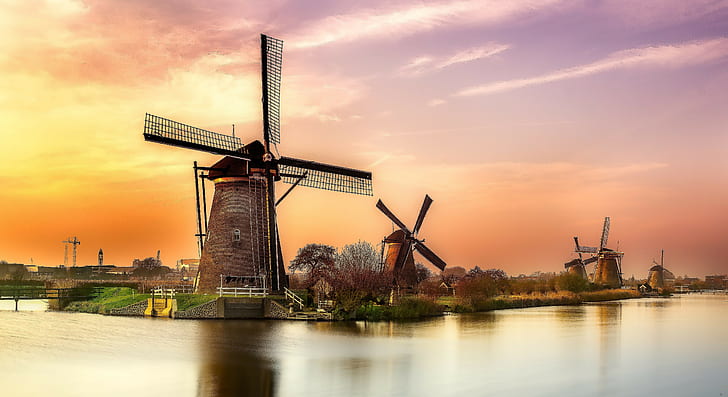 holland, Landscape, Reflection, river, sunset, windmill, 4k